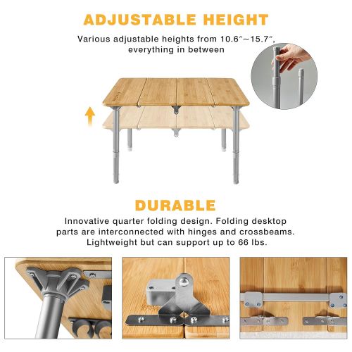  ATEPA KingCamp Folding Table Bamboo Top Aluminum Frame Quarter Fold Detachable Legs Height Adjustable Portable for Camping Picnic Outdoor with Carry Bag