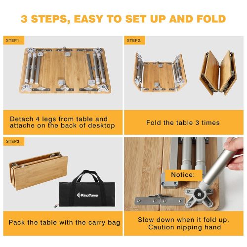  ATEPA KingCamp Folding Table Bamboo Top Aluminum Frame Quarter Fold Detachable Legs Height Adjustable Portable for Camping Picnic Outdoor with Carry Bag