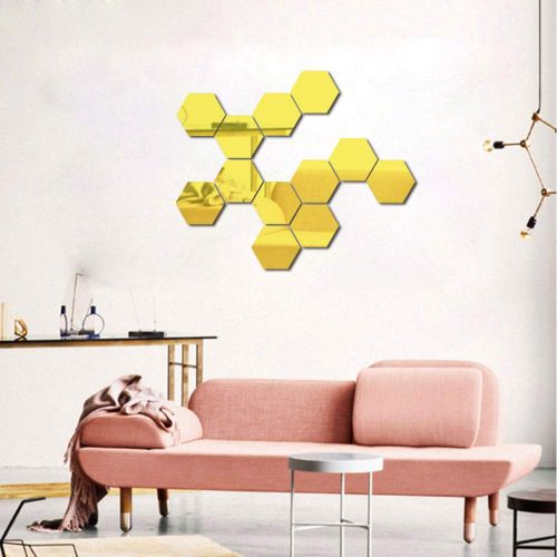  ATFUNSHOP Hexagon Mirror Wall Stickers 12 PCS 5inch - Removable Acrylic Gold Mirror Wall Decor DIY Modern Decoration