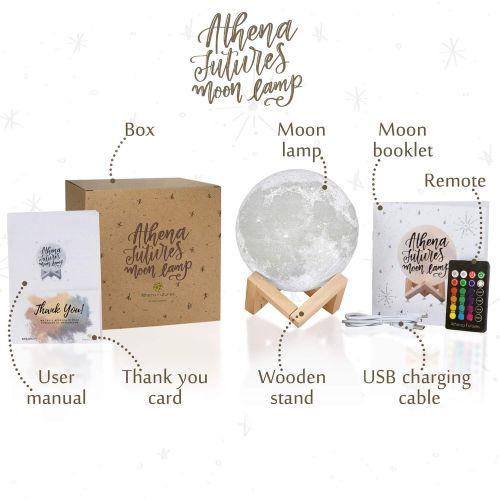  ATHENA FUTURES Moon Lamp Moon Light 3D Moon Lamp - Seamless - 3 Color Moon Night Light with Stand - Mood Lamp Book, Globe, Cool Lamp, USB Charging, with Wooden Stand, Box, Kids, Moonlight LED, 5.