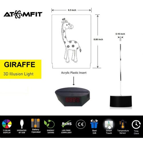  ATOMFIT Elephant + Giraffe 3D LED Night Light for Home, Table or Desk Lamp, Optical Illusion with 7 Color Switching - Clock, Temperature, Nursery Bedroom Boys Girls Kids Baby Toddl