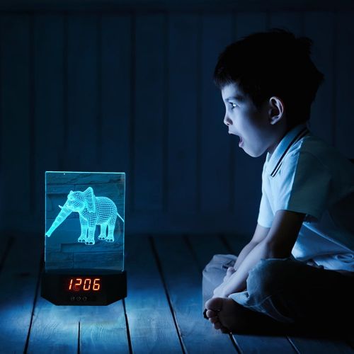  ATOMFIT Elephant + Giraffe 3D LED Night Light for Home, Table or Desk Lamp, Optical Illusion with 7 Color Switching - Clock, Temperature, Nursery Bedroom Boys Girls Kids Baby Toddl