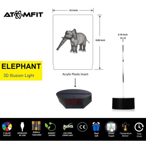  ATOMFIT Elephant + Giraffe 3D LED Night Light for Home, Table or Desk Lamp, Optical Illusion with 7 Color Switching - Clock, Temperature, Nursery Bedroom Boys Girls Kids Baby Toddl