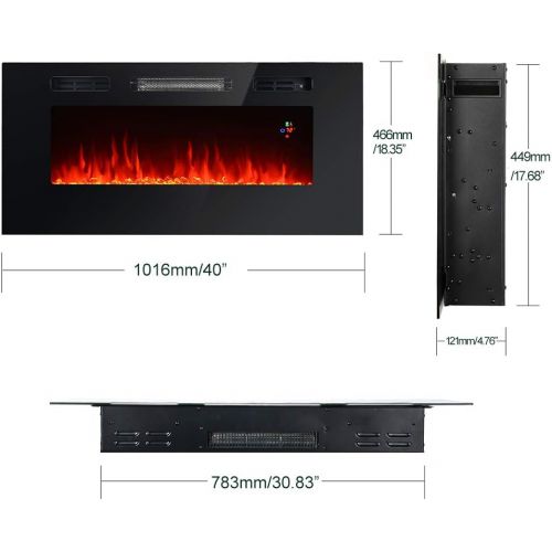  ATS EL Fuego 40 inches Recessed and Wall Mounted Electric Fireplace Heater,Remote Control with Timer,Tempered Glass Digital LED Display,Adjustable Colors,750/1500W Two Stage Heatin