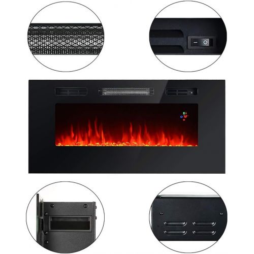  ATS EL Fuego 40 inches Recessed and Wall Mounted Electric Fireplace Heater,Remote Control with Timer,Tempered Glass Digital LED Display,Adjustable Colors,750/1500W Two Stage Heatin