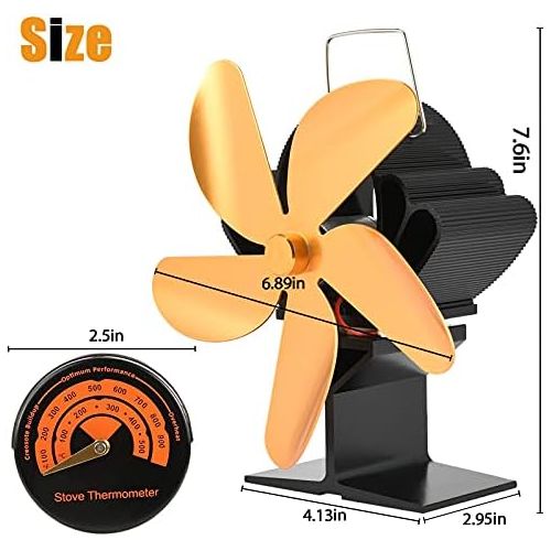  AT-X 6 Blade Heat Powered Wood Stove Fan, High Efficiency Fireplace Fan With Radiator Temperature Display, Saving Wood Fuel Heat Powered Stove Fan For Wood/Log Burner/Fireplace (Orange)