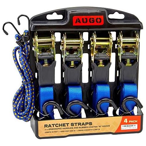  AUGO Ratchet Tie Down Straps - 4 Pk - 15 Ft- 500 Lbs Load Cap- 1500 Lb Break Strength- Cambuckle Alternative- Cargo Straps for Moving Appliances, Lawn Equipment, Motorcycle - Includes 2