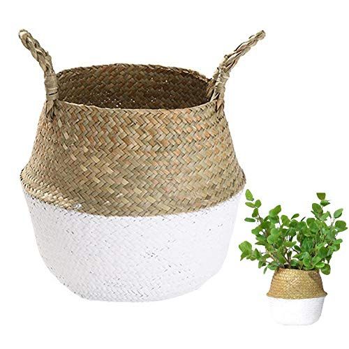  AUGYMER-Strict Handmade Woven Rattan Seagrass Tote Belly Basket, Plant Pots Cover Indoor Decorative, Also for Storage, Laundry, Picnic and Garden Flower Vase (Large, White)