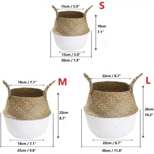  AUGYMER-Strict Handmade Woven Rattan Seagrass Tote Belly Basket, Plant Pots Cover Indoor Decorative, Also for Storage, Laundry, Picnic and Garden Flower Vase (Large, White)