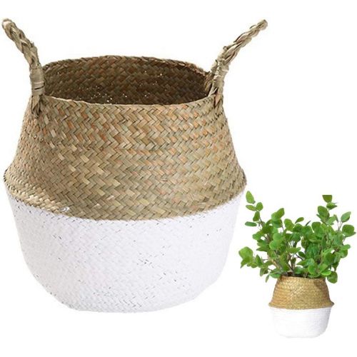  AUGYMER-Strict Handmade Woven Rattan Seagrass Tote Belly Basket, Plant Pots Cover Indoor Decorative, Also for Storage, Laundry, Picnic and Garden Flower Vase (Large, White)