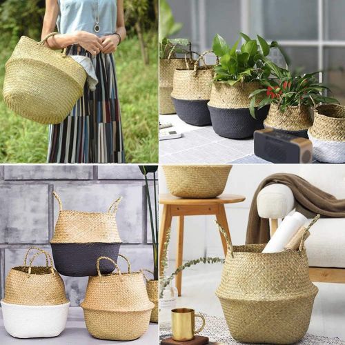  AUGYMER-Strict Handmade Woven Rattan Seagrass Tote Belly Basket, Plant Pots Cover Indoor Decorative, Also for Storage, Laundry, Picnic and Garden Flower Vase (Large, White)