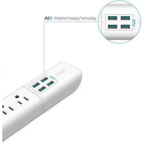  [아마존 핫딜] [아마존핫딜]AUKEY Power Strip with 4 AC Outlets and 4 USB Charging Ports, 5-Foot Extension Cord for Smartphone, Laptop, Tablet, Home, Office and More (White)