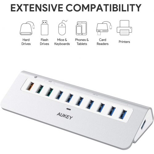  AUKEY Powered USB Hub, Aluminum 10-Port USB 3.0 Hub with 1 Quick Charge 3.0 Port, 2 AiPower Charging Ports, 7 USB 3.0 Data Ports, 12V4A Power Adapter Compatible with Laptops, Phon