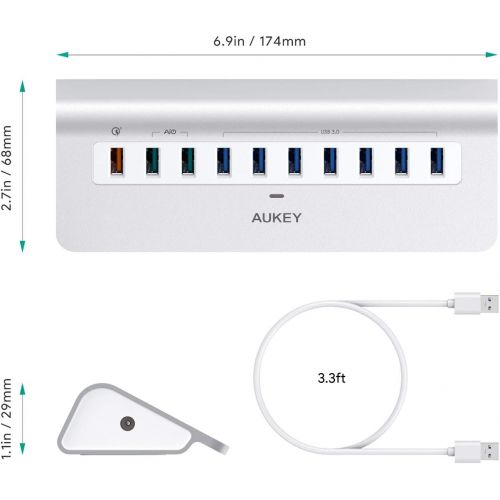  AUKEY Powered USB Hub, Aluminum 10-Port USB 3.0 Hub with 1 Quick Charge 3.0 Port, 2 AiPower Charging Ports, 7 USB 3.0 Data Ports, 12V4A Power Adapter Compatible with Laptops, Phon