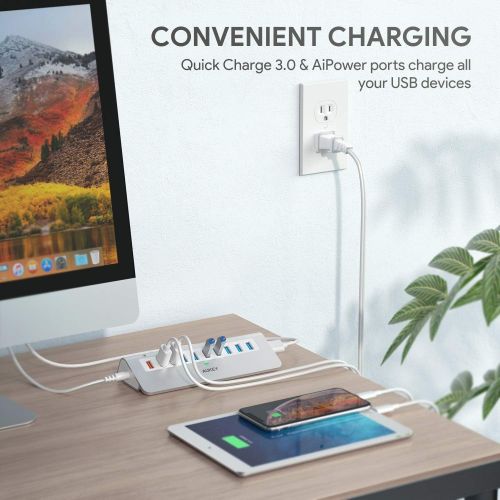  AUKEY Powered USB Hub, Aluminum 10-Port USB 3.0 Hub with 1 Quick Charge 3.0 Port, 2 AiPower Charging Ports, 7 USB 3.0 Data Ports, 12V4A Power Adapter Compatible with Laptops, Phon