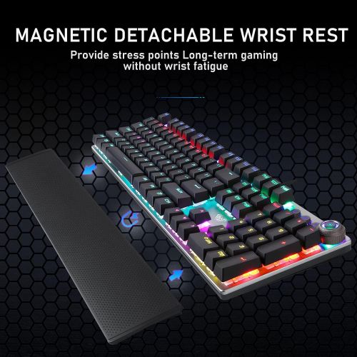  AULA F2088 Wired Mechanical Gaming Keyboard, with Dedicated Media Controls, Detachable Hand Rest, White LED Backlit, 104-Keys Ergonomic PC Gaming Keyboards, for Laptop Desktop Comp