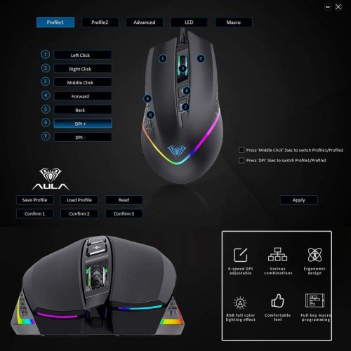  AULA F805 Wired Gaming Mouse with Side Buttons Programmable, RGB Backlight, 6400 dpi Adjustable Ergonomic Optical PC Gaming Mice, for PC Desktop, Laptop Computer (Black)
