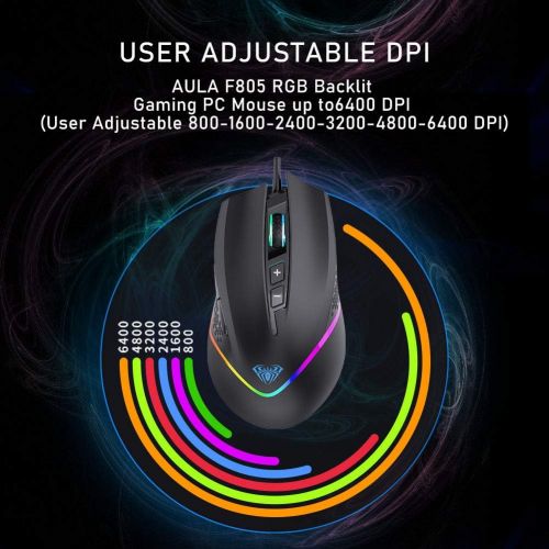  AULA F805 Wired Gaming Mouse with Side Buttons Programmable, RGB Backlight, 6400 dpi Adjustable Ergonomic Optical PC Gaming Mice, for PC Desktop, Laptop Computer (Black)