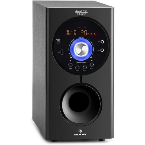  AUNA Areal 653-5.1 Surround Sound System, Home Cinema System, 145W RMS, 6.5 Sidefiring Woofer, Bass Reflex, 5 Satellite Speakers, Bluetooth, USB Port, SD, AUX, 2 Mic Connections, B
