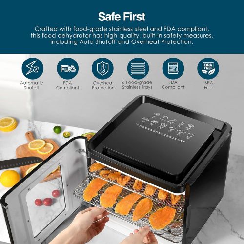  AUODGDNT Food Dehydrator Machine-LED Touch Adjustable Digital Timer and Temperature Display Control with 6 Stainless Steel Trays and Recipe,Dryer Machine for Jerky,Meat,Beef,Fruit,Vegetable