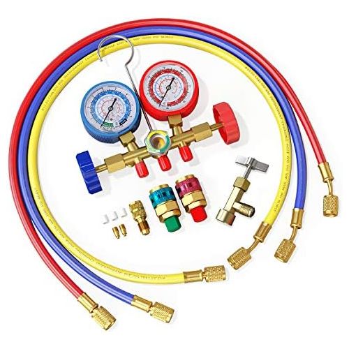  AURELIO TECH MGS-0005-WZ 3 Way A/C Diagnostic Manifold Gauge Set, Fits R134A R12 R22 and R502 Refrigerants, with 5FT Hose, Acme Tank Adapters, Couplers and Can Tap