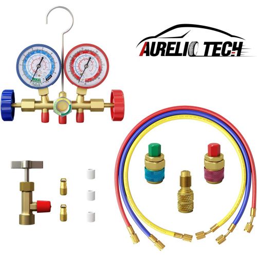  AURELIO TECH MGS-0005-WZ 3 Way A/C Diagnostic Manifold Gauge Set, Fits R134A R12 R22 and R502 Refrigerants, with 5FT Hose, Acme Tank Adapters, Couplers and Can Tap