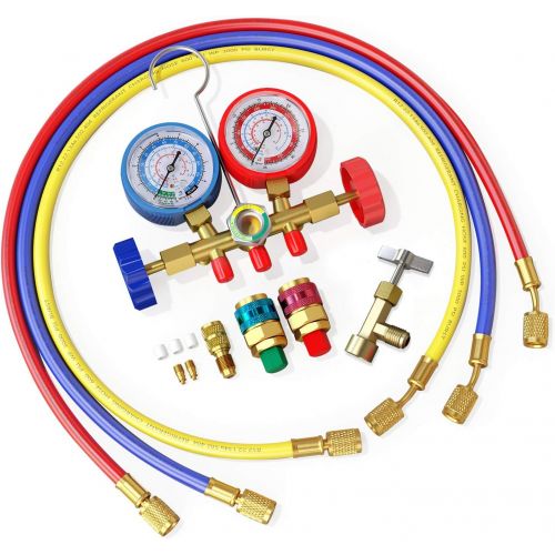  AURELIO TECH MGS-0005-WZ 3 Way A/C Diagnostic Manifold Gauge Set, Fits R134A R12 R22 and R502 Refrigerants, with 5FT Hose, Acme Tank Adapters, Couplers and Can Tap