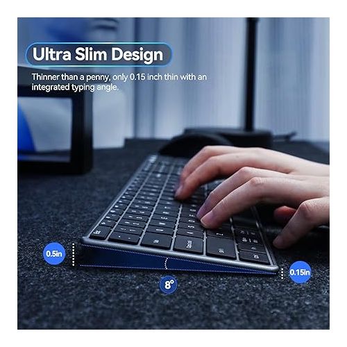  AUSDOM Wireless Bluetooth Keyboard Full Size, Quiet Slim Multi-Device Rechargeable Cordless QWERTY Keyboard with Number Pad, Low Profile Silent Flat Universal Keyboard for Computer/Mac/Windows