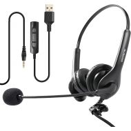 USB and 3.5mm Computer Headset with Noise Cancelling Microphone, AUSDOM BS01 Wired Phone Headset Crystal Clear with Volume Control for Voice Calls Skype Webinars Zoom Meeting PC La