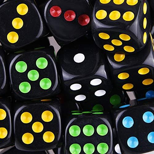  [아마존베스트]AUSTOR 50 Pcs Dice Set 6 Sided Rounded Edges Black Dice with Colorful Pips with a Free Storage Bag