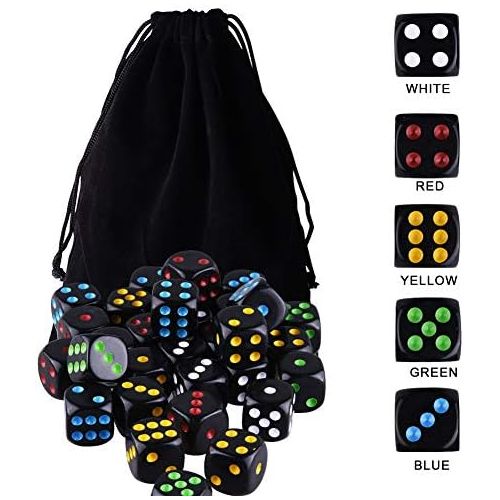  [아마존베스트]AUSTOR 50 Pcs Dice Set 6 Sided Rounded Edges Black Dice with Colorful Pips with a Free Storage Bag