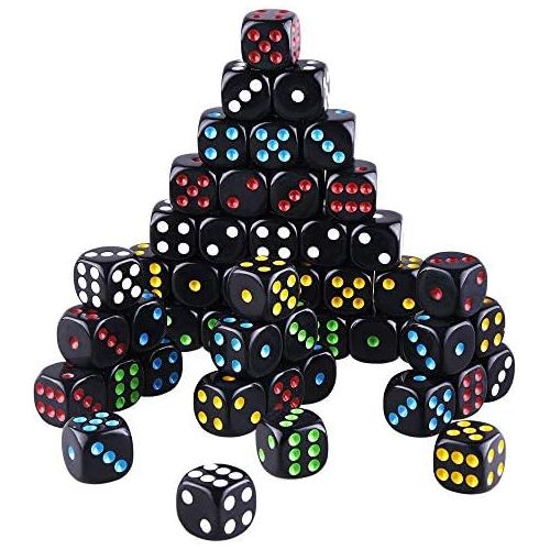  [아마존베스트]AUSTOR 50 Pcs Dice Set 6 Sided Rounded Edges Black Dice with Colorful Pips with a Free Storage Bag