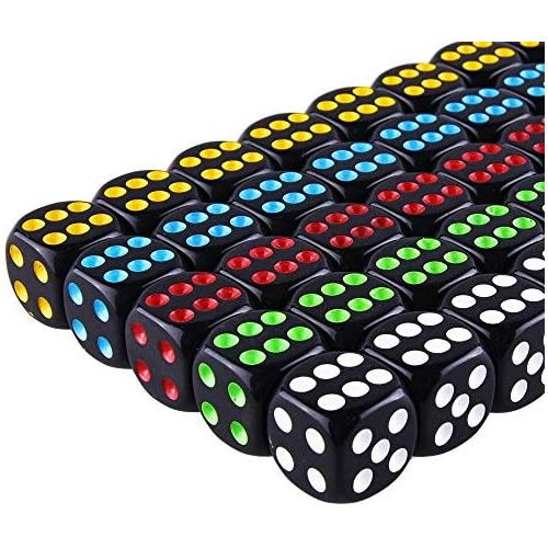  [아마존베스트]AUSTOR 50 Pcs Dice Set 6 Sided Rounded Edges Black Dice with Colorful Pips with a Free Storage Bag