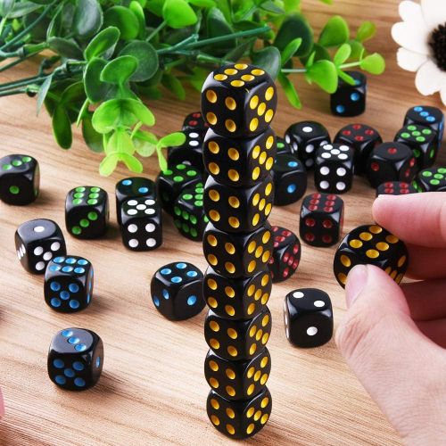  [아마존베스트]AUSTOR 50 Pcs Dice Set 6 Sided Rounded Edges Black Dice with Colorful Pips with a Free Storage Bag