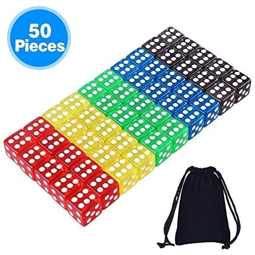  [아마존베스트]AUSTOR 50 Pieces Game Dice Set 5 Translucent Colors Square Corner Dice with a Free Pouch