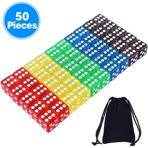  [아마존베스트]AUSTOR 50 Pieces Game Dice Set 5 Translucent Colors Square Corner Dice with a Free Pouch