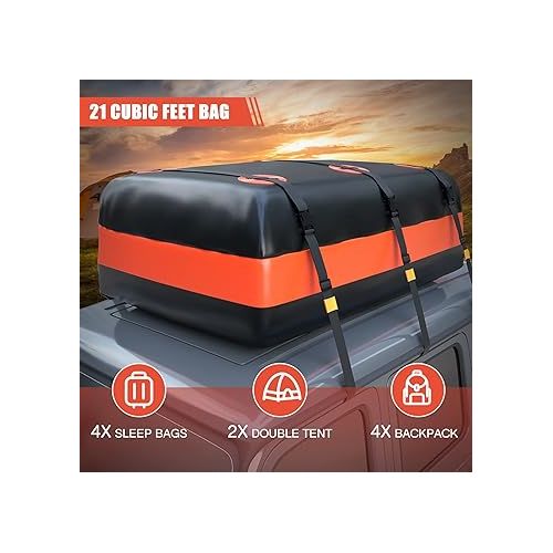  AUTOGEN Car Rooftop Cargo Carrier Bag, 21 Cubic Feet Waterproof Roof Top Luggage Bag with Anti-Slip Mat, Rainproof Zipper & 6 Door Hooks, Anti-Tear 900D PVC for All Vehicle with/Without Rack