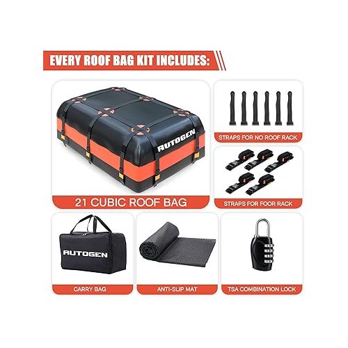  AUTOGEN Car Rooftop Cargo Carrier Bag, 21 Cubic Feet Waterproof Roof Top Luggage Bag with Anti-Slip Mat, Rainproof Zipper & 6 Door Hooks, Anti-Tear 900D PVC for All Vehicle with/Without Rack