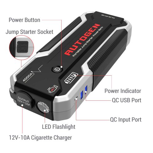  AUTOGEN Car Jump Starter 30000mAh For Up To 10.0L Gas & 8.5L Diesel, 12V Portable Jumper Pack for Heavy Duty. Large Power Pack with Quick Charge 3.0