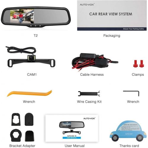  AUTO-VOX T2 Backup Camera Kit， 4.3”LCD OEM Rear View Mirror Monitor with IP 68 Waterproof Back Up Car Camera，Super Night Vision License Plate Rear View Camera Kit，Parking & Reversi