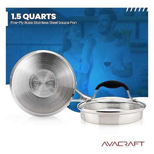  AVACRAFT Multipurpose Sauce Pan / Pot, Stainless Steel with Glass Strainer Lid, Two Side Spouts for Easy Pour with Ergonomic Handle (Tri-Ply Capsule Bottom, 1.5 Quart)