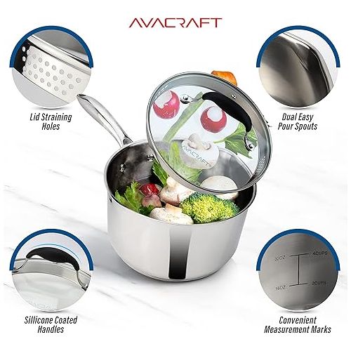  AVACRAFT Multipurpose Sauce Pan / Pot, Stainless Steel with Glass Strainer Lid, Two Side Spouts for Easy Pour with Ergonomic Handle (Tri-Ply Capsule Bottom, 1.5 Quart)