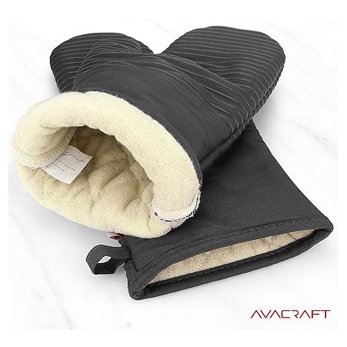  AVACRAFT Oven Mitts Pair, Flexible, 100% Cotton with Unique Heat Resistant Food Grade Silicone, Thick Terry Cloth Interior, 500 F Heat Resistant (Grey Oven Mitts)