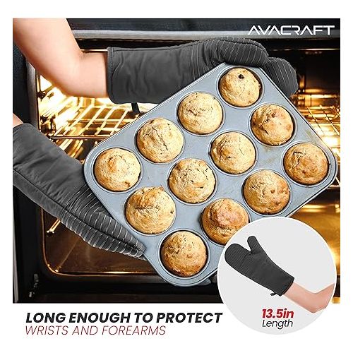  AVACRAFT Oven Mitts Pair, Flexible, 100% Cotton with Unique Heat Resistant Food Grade Silicone, Thick Terry Cloth Interior, 500 F Heat Resistant (Grey Oven Mitts)