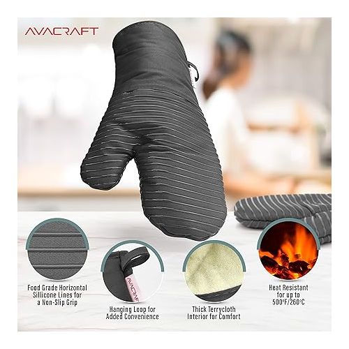  AVACRAFT Oven Mitts Pair, Flexible, 100% Cotton with Unique Heat Resistant Food Grade Silicone, Thick Terry Cloth Interior, 500 F Heat Resistant (Grey Oven Mitts)