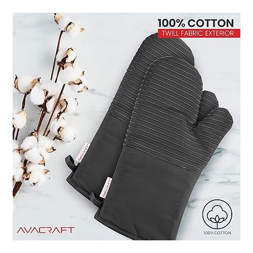  AVACRAFT Oven Mitts Pair, Flexible, 100% Cotton with Unique Heat Resistant Food Grade Silicone, Thick Terry Cloth Interior, 500 F Heat Resistant (Grey Oven Mitts)