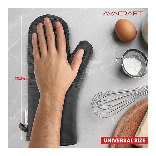  AVACRAFT Oven Mitts Pair, Flexible, 100% Cotton with Unique Heat Resistant Food Grade Silicone, Thick Terry Cloth Interior, 500 F Heat Resistant (Grey Oven Mitts)