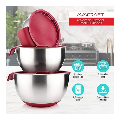  AVACRAFT 18/10 Stainless Steel Mixing Bowls with Lids, non slip silicone base bowls with Handle, Mixing Bowl Set with Pour Spouts & Measurement Marks, Home Essentials Cooking Bowls, (Red)