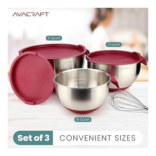  AVACRAFT 18/10 Stainless Steel Mixing Bowls with Lids, non slip silicone base bowls with Handle, Mixing Bowl Set with Pour Spouts & Measurement Marks, Home Essentials Cooking Bowls, (Red)