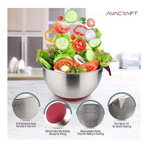  AVACRAFT 18/10 Stainless Steel Mixing Bowls with Lids, non slip silicone base bowls with Handle, Mixing Bowl Set with Pour Spouts & Measurement Marks, Home Essentials Cooking Bowls, (Red)